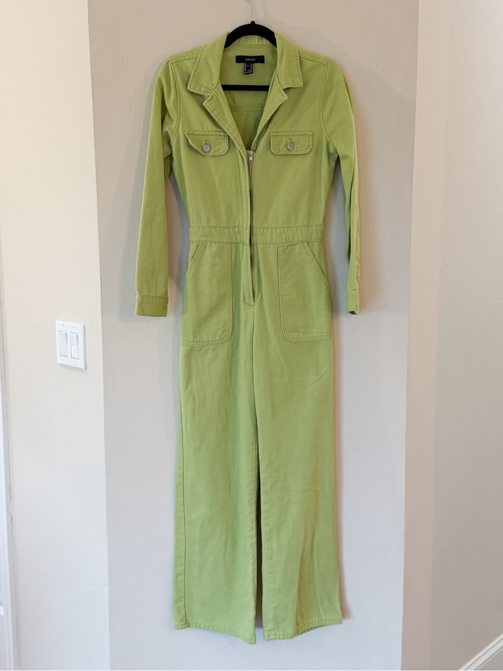 Forever 21 Lime Green Long-Sleeve Utility Jumpsuit, Size M